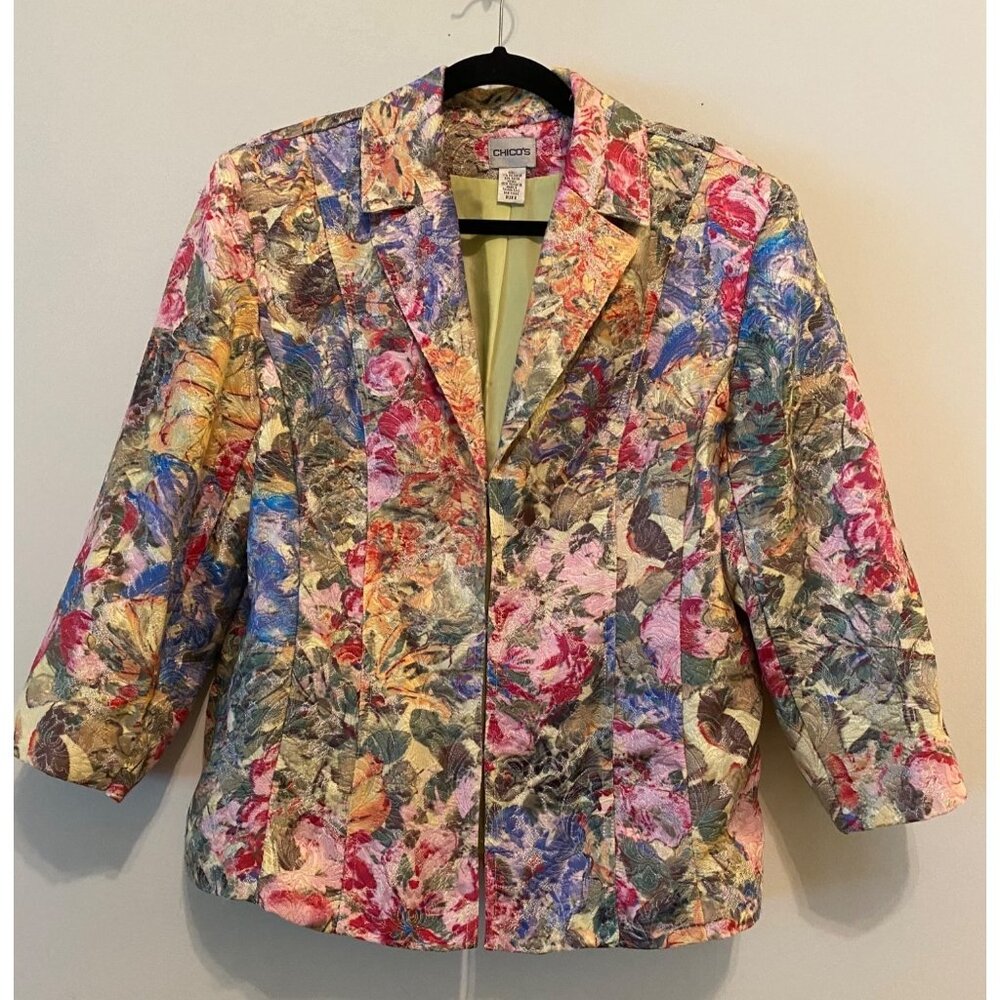 Chicos Floral Tapestry Blazer Jacket Multicolored Floral Medium Chico's Size 2